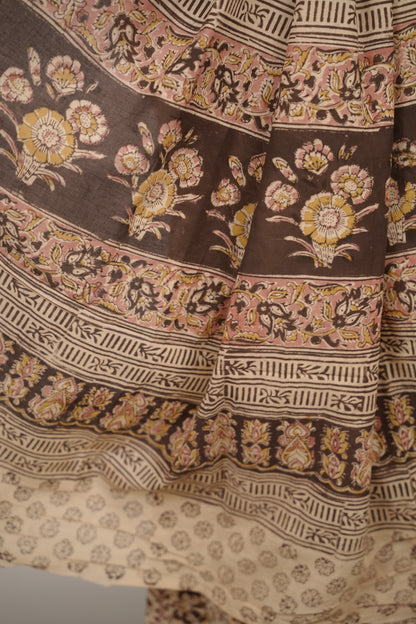 Cream Hand Block Printed Kalamkari Cotton Saree | Looms & Tassels
