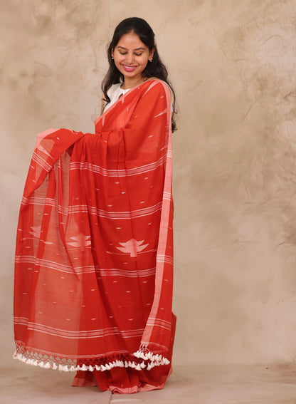 Orange Handwoven Malai Cotton Saree| Looms & Tassels