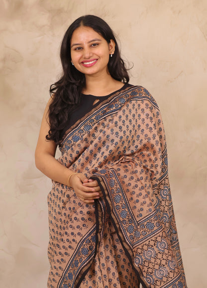 Maheswari Silk Cotton Ajrakh Handblock Printed Saree | Looms & Tassels
