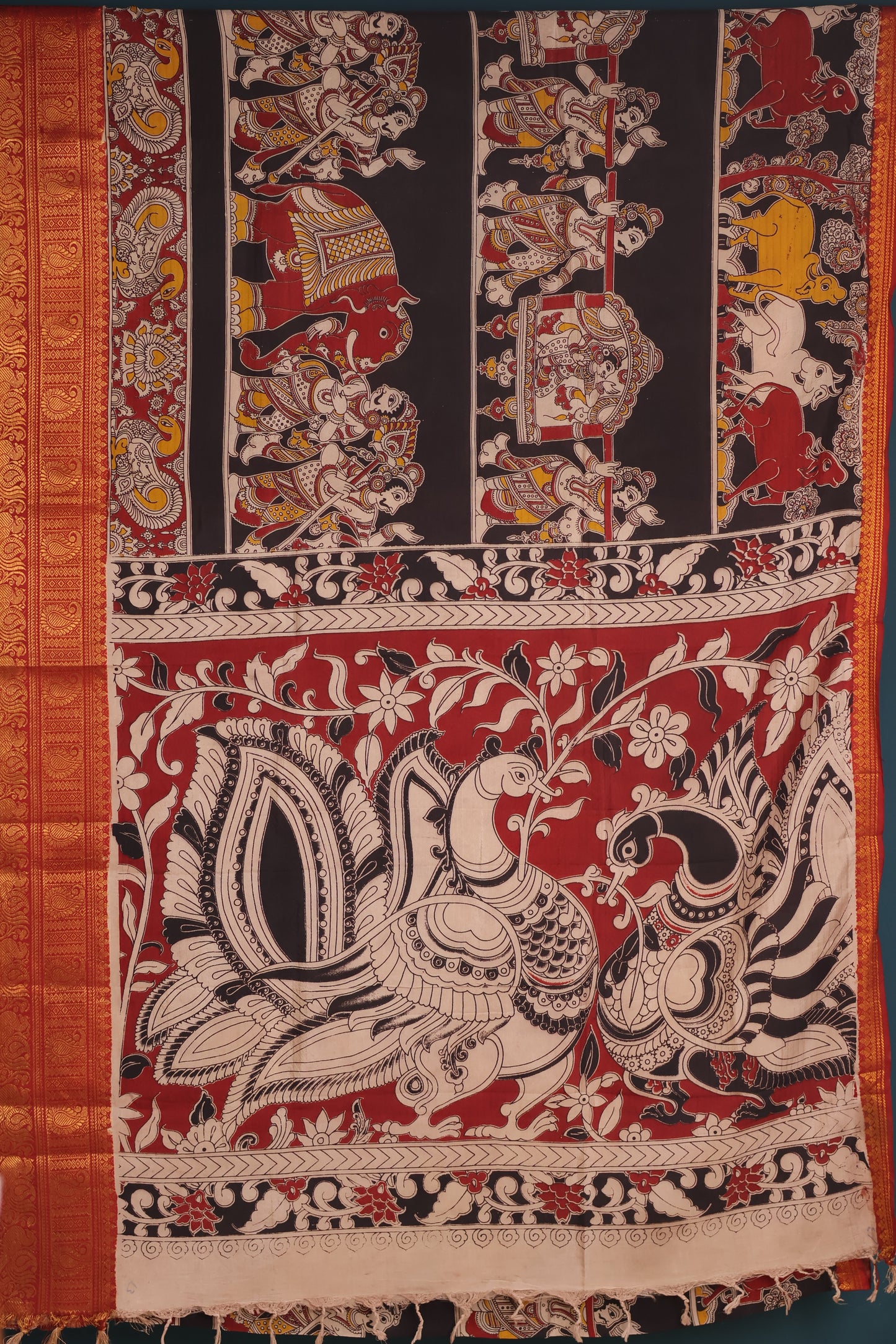 Black & Red Kanchi Border Kalamkari Chennur Silk Saree