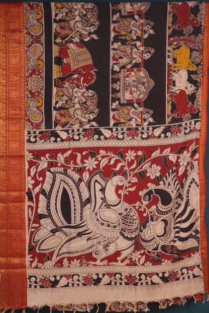 Black & Red Kanchi Border Kalamkari Chennur Silk Saree
