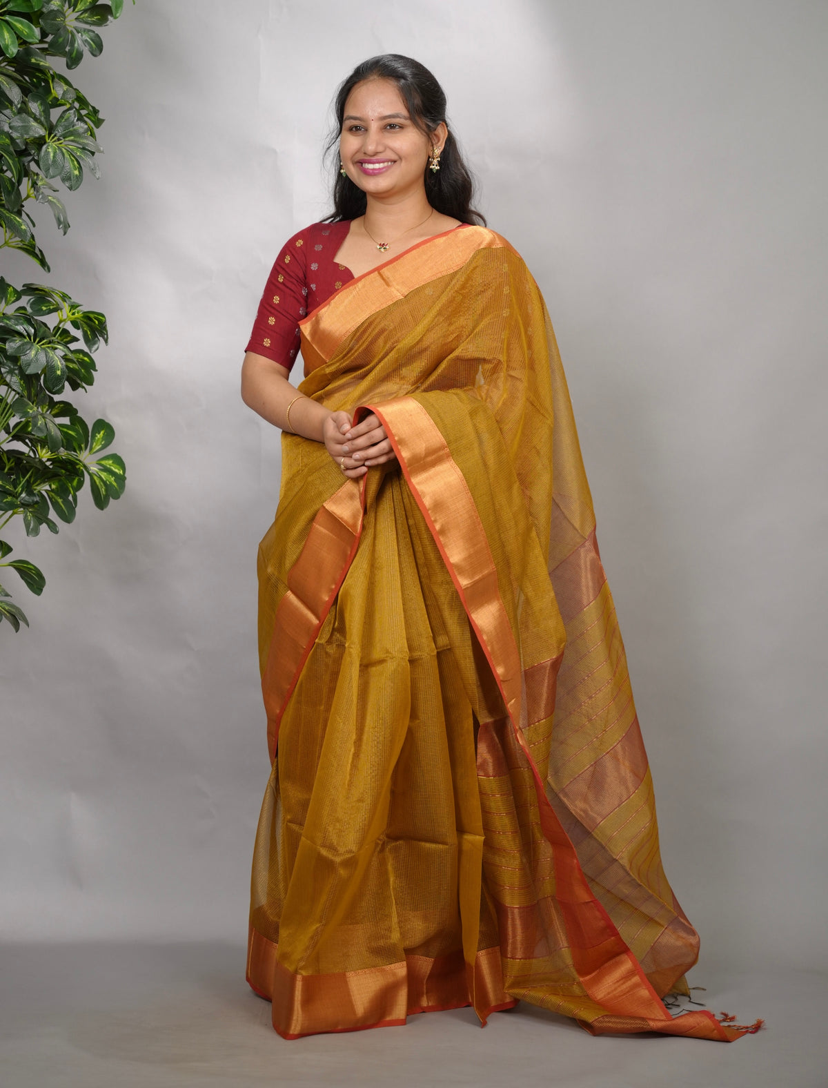 Mustard Yellow Checks Handloom Maheswari Tissue Silk Cotton Sarees | Looms & Tassels