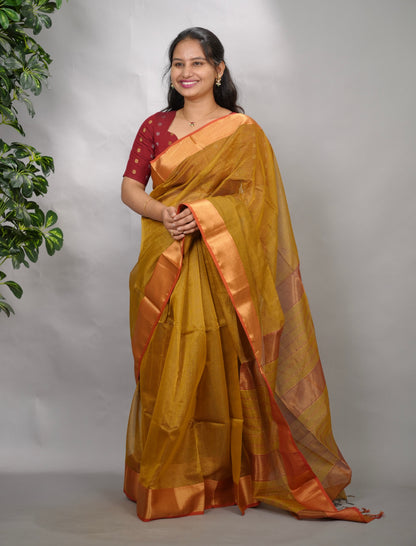 Mustard Yellow Checks Handloom Maheswari Tissue Silk Cotton Sarees | Looms & Tassels