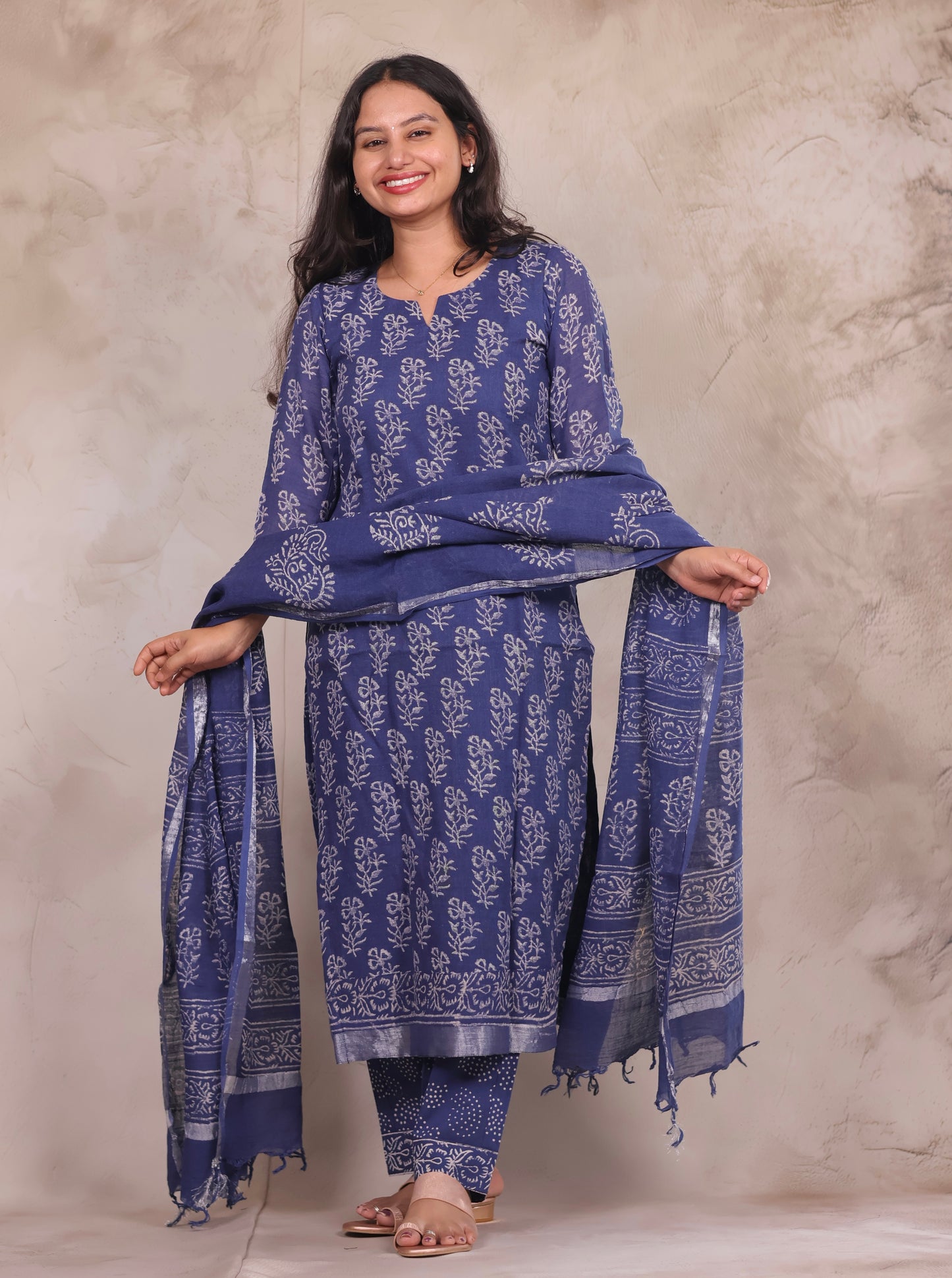 Indigo Linen Cotton Handblock printed 3 piece suit (stitched)