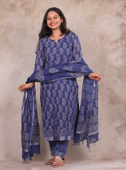 Indigo Linen Cotton Handblock printed 3 piece suit (stitched)