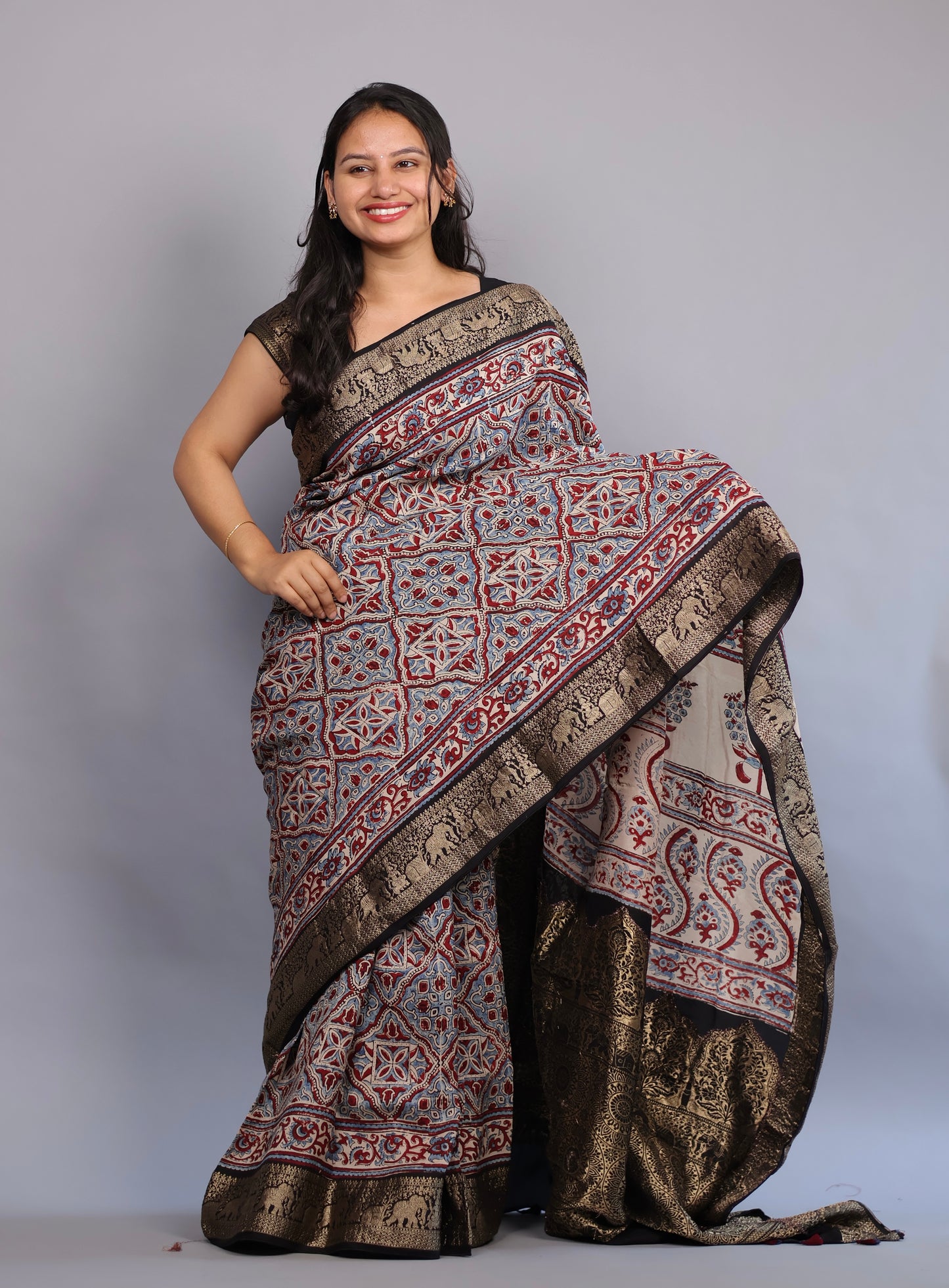 Cream Geometrical & Floral Ajrakh Motifs Handblock printed Dola Silk Saree | Looms & Tassels
