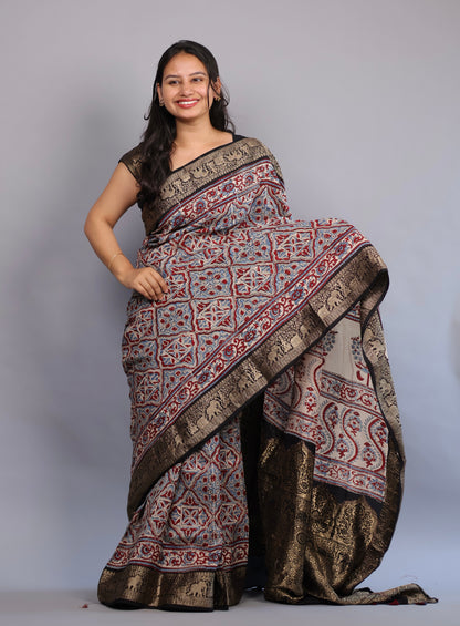 Cream Geometrical & Floral Ajrakh Motifs Handblock printed Dola Silk Saree | Looms & Tassels