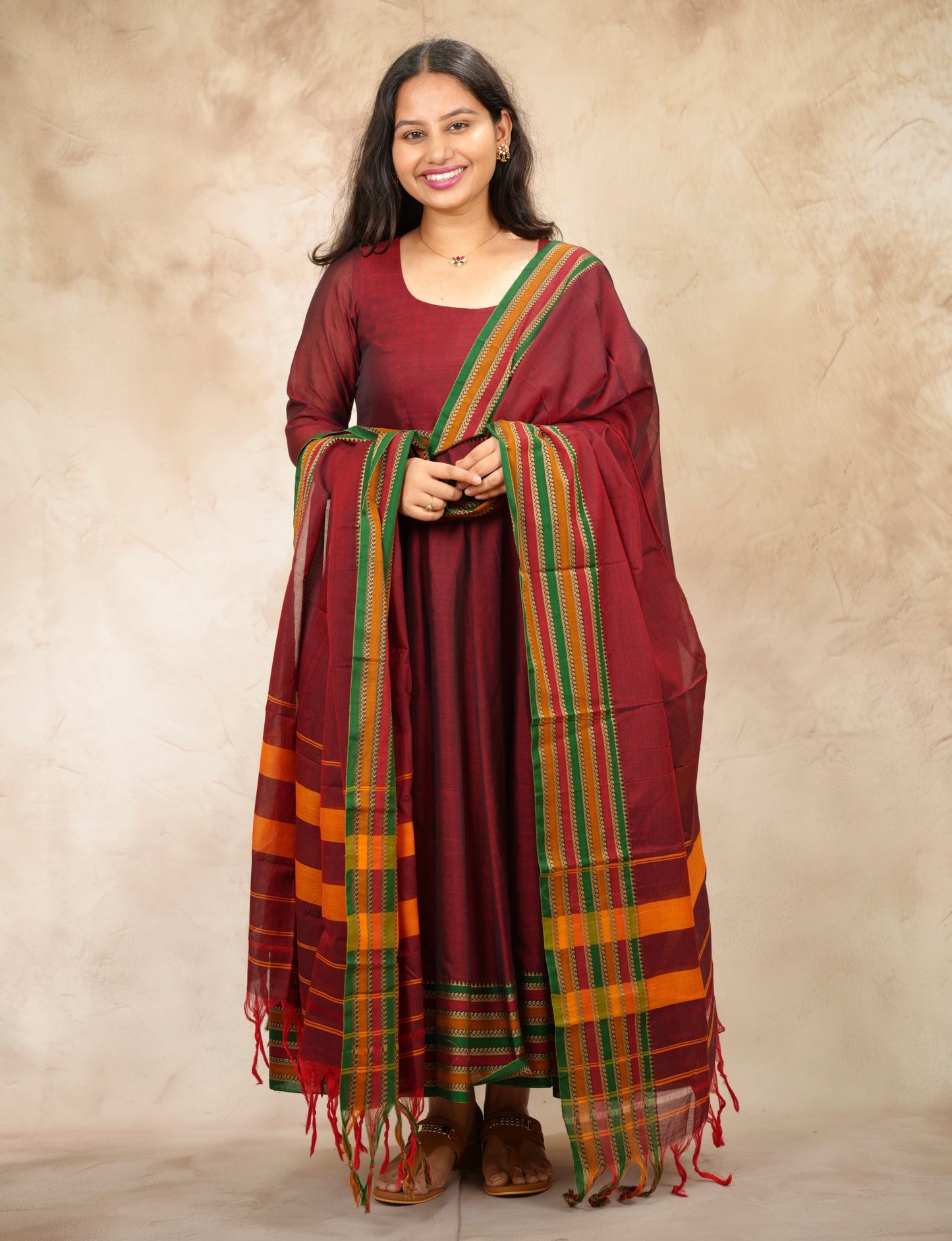 Maroon Narayanpet Cotton Anarkali Dress with Narayanpet Dupatta | Looms & Tassels