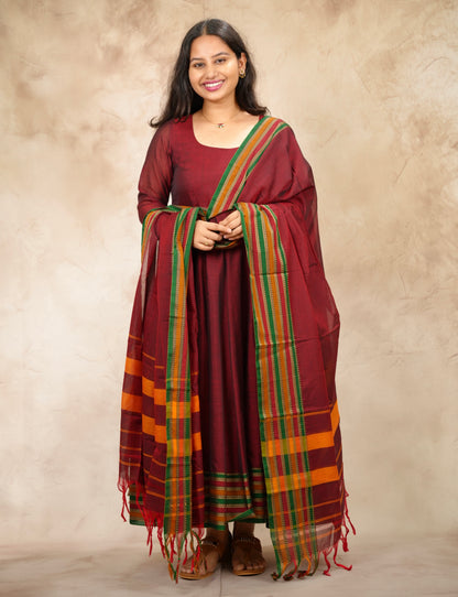 Maroon Narayanpet Cotton Anarkali Dress with Narayanpet Dupatta | Looms & Tassels