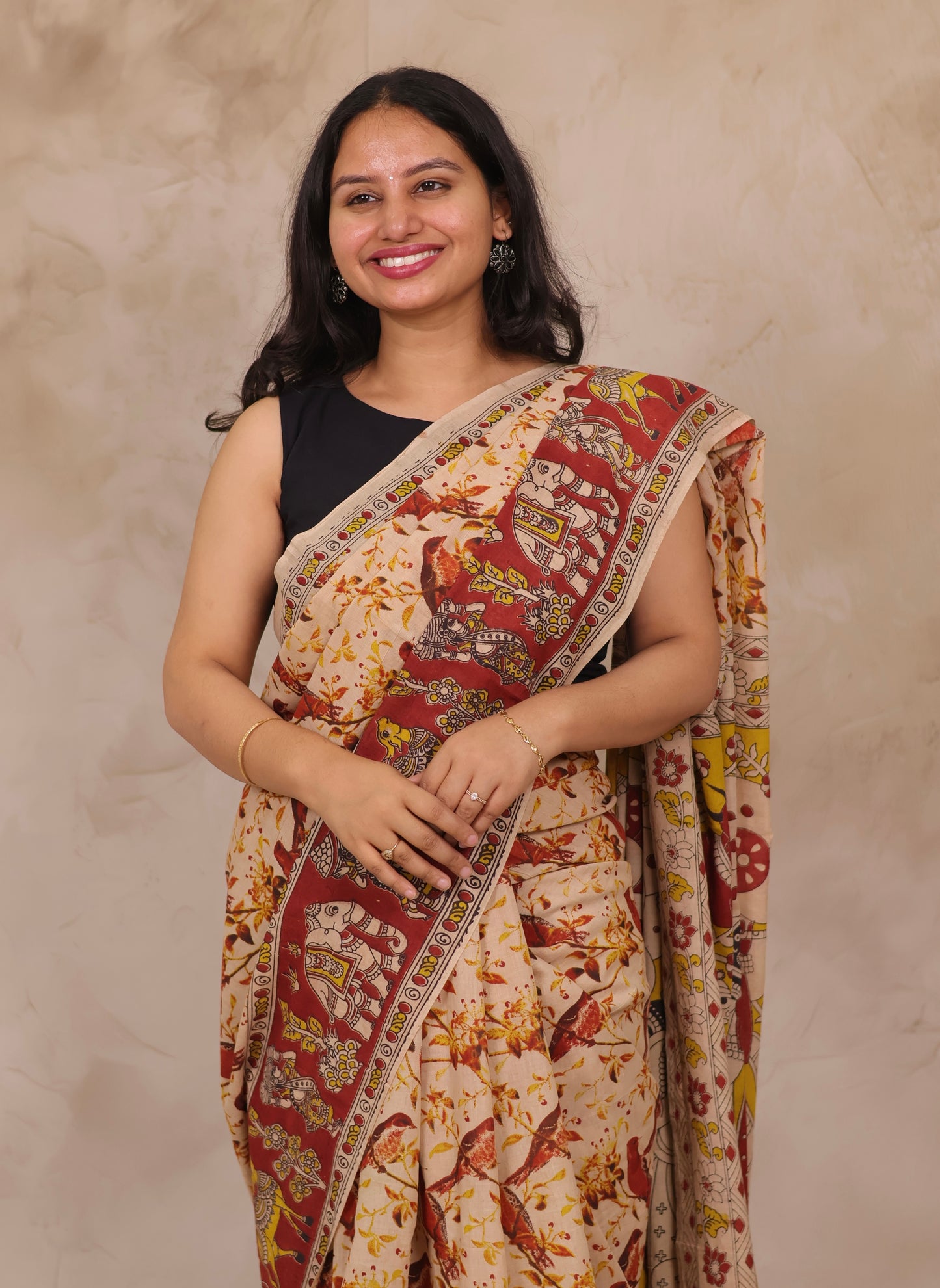 Cream Kalamkari Cotton Saree