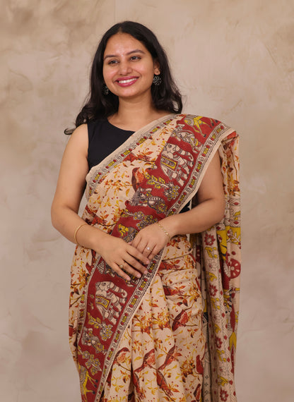 Cream Kalamkari Cotton Saree