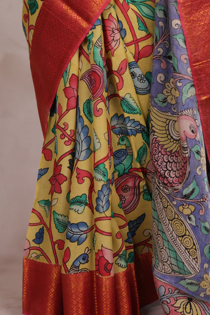 Hand Drawn Pen Kalamkari Light Yellow And Red Bangalore Silk Kanchi Border Saree | Looms & Tassels
