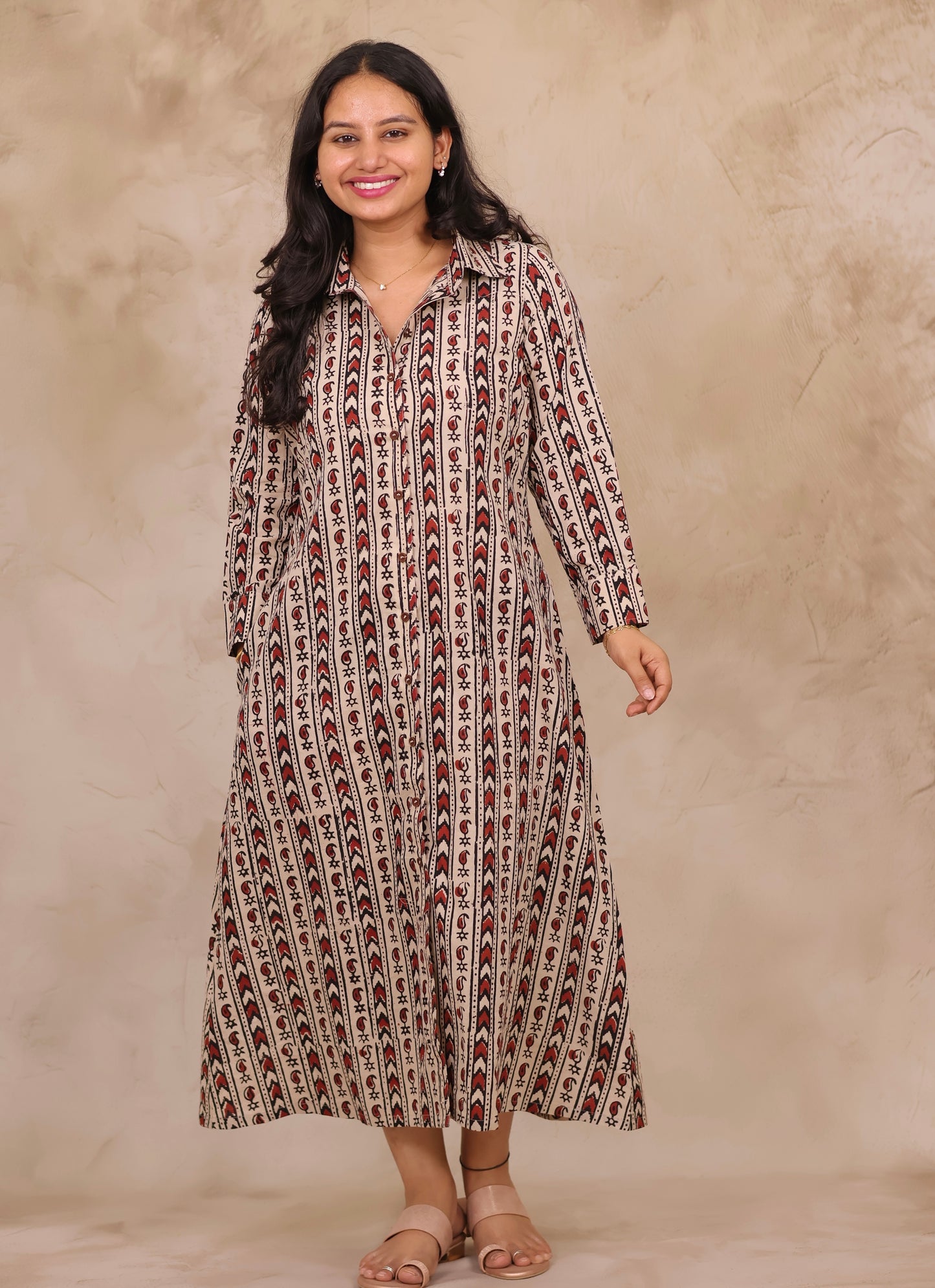 Cream Hand Block Printed Pure Mul Cotton A-Line Shirt Dress | Looms & Tassels