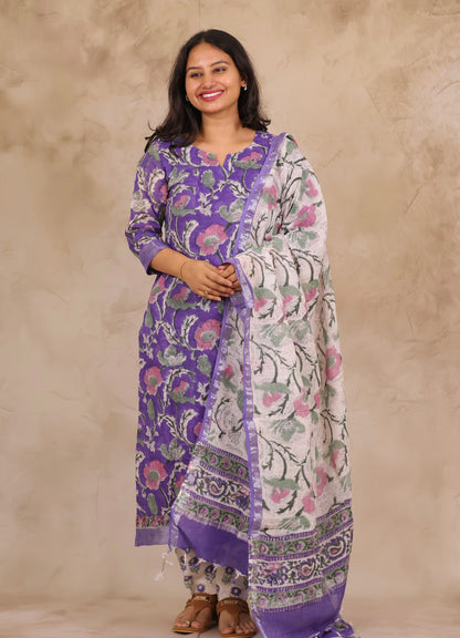 Lavender Linen Cotton Handblock printed 3 piece suit (stitched)