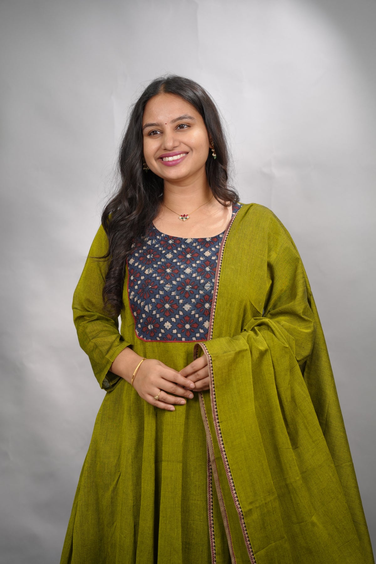 Green Ajrakh Patch Work Narayanpet Cotton Anarkali Dress with Narayanpet Dupatta | Looms & Tassels