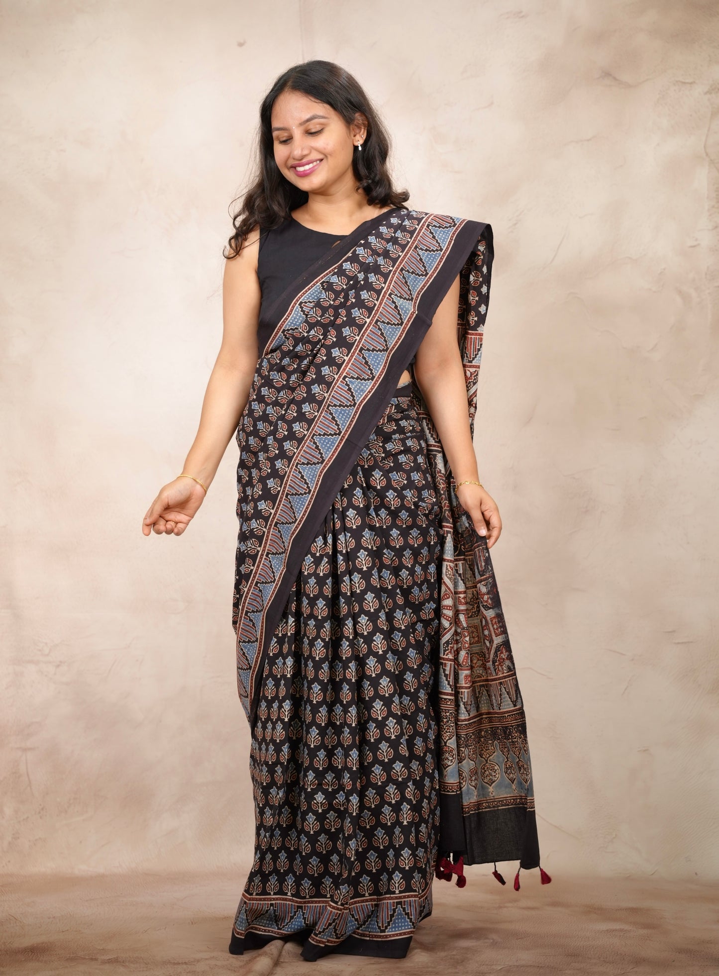 Black Ajrakh Hand Block Printed Cotton Saree | Looms & Tassels