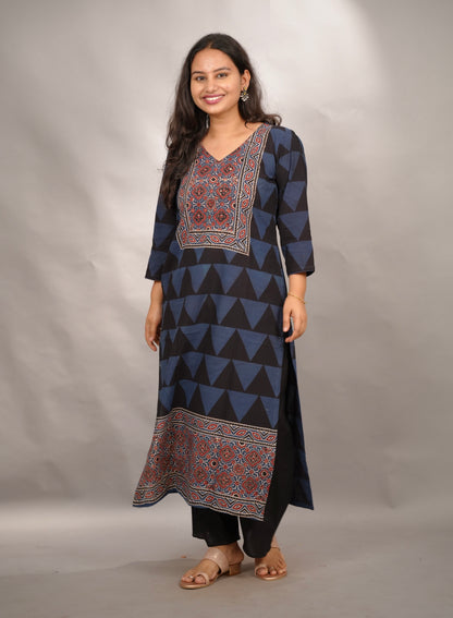 Black & Indigo Ajrakh Pattern Hand Block printed Kurti | Looms & Tassels