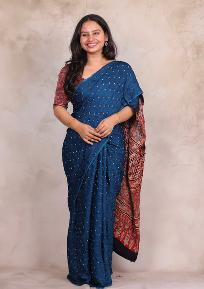Cyan Blue Hand Knotted Bandhej Modal Silk Saree with Ajrakh Pallu | Looms & Tassels
