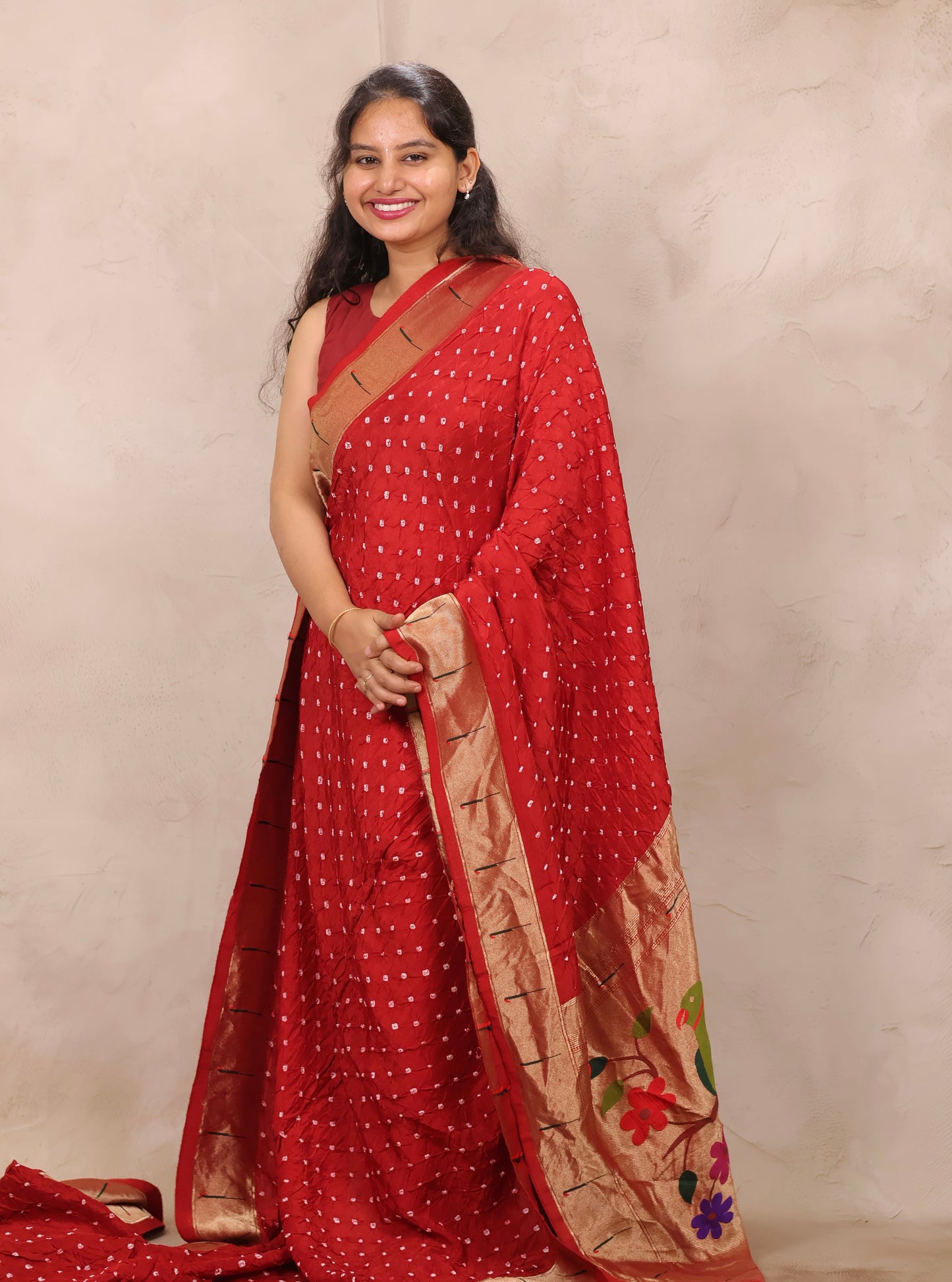 Red Handcrafted Bandhani Paithani Dola Silk Saree | Looms & Tassels
