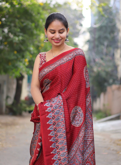 Red Ajrakh Modal Silk Saree