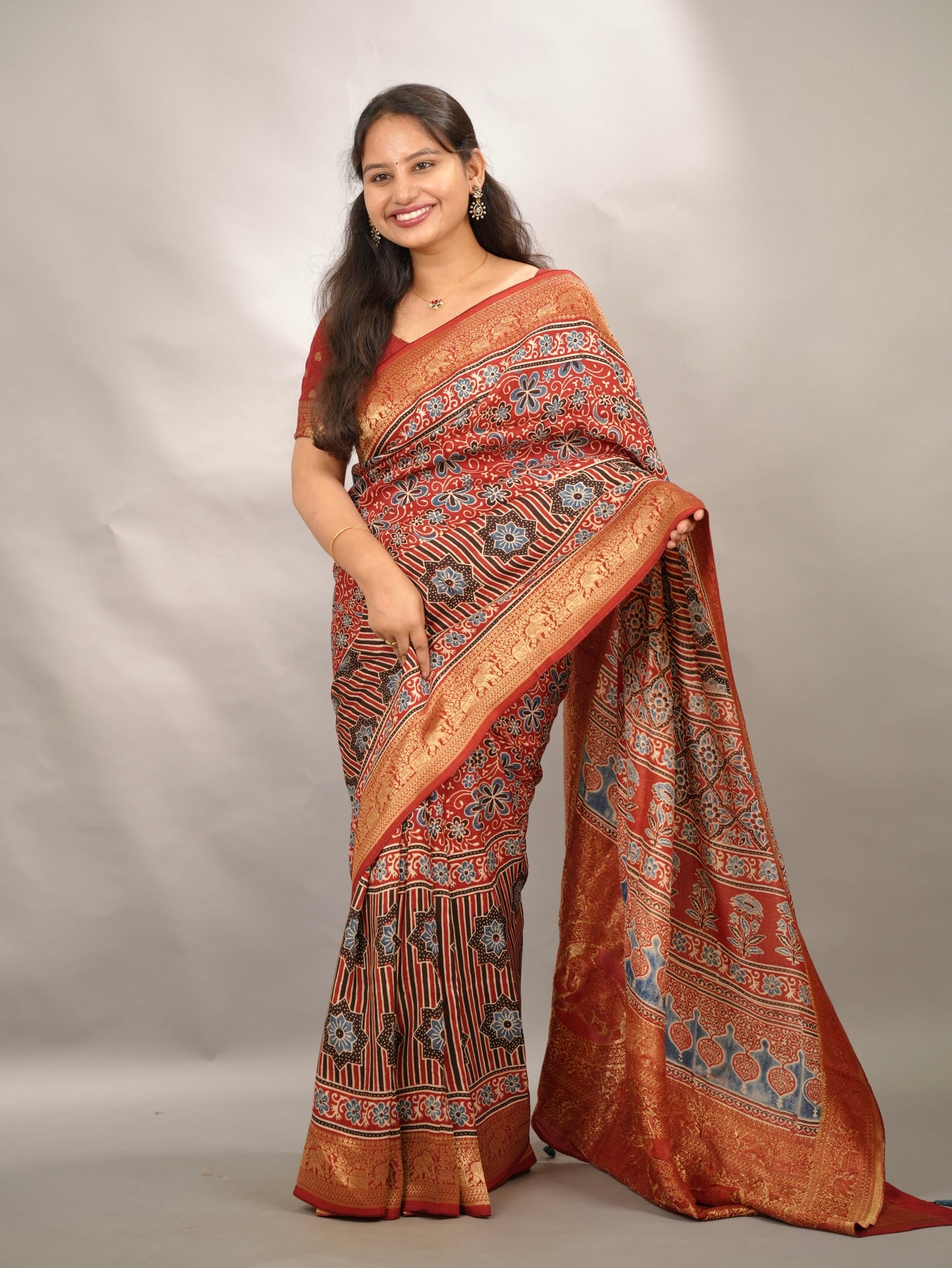 Red Ajrakh Handblock printed Dola Silk Saree | Looms & Tassels