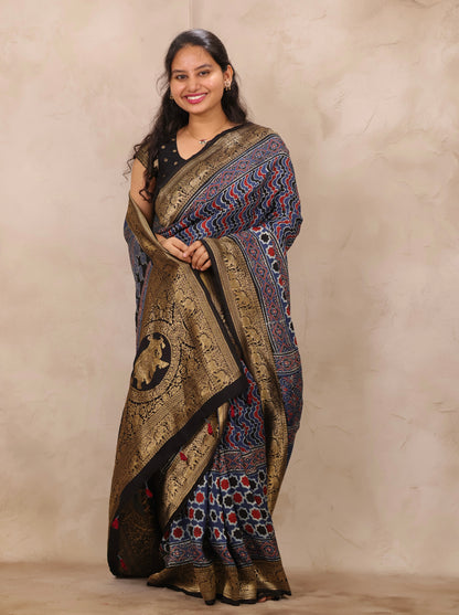 Indigo Ajrakh Handblock printed Dola Silk Saree | Looms & Tassels