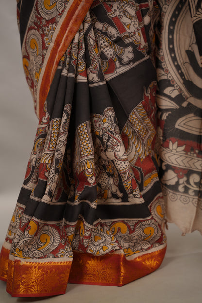 Black Kanchi border Kalamkari chennur silk saree | Looms & Tassels