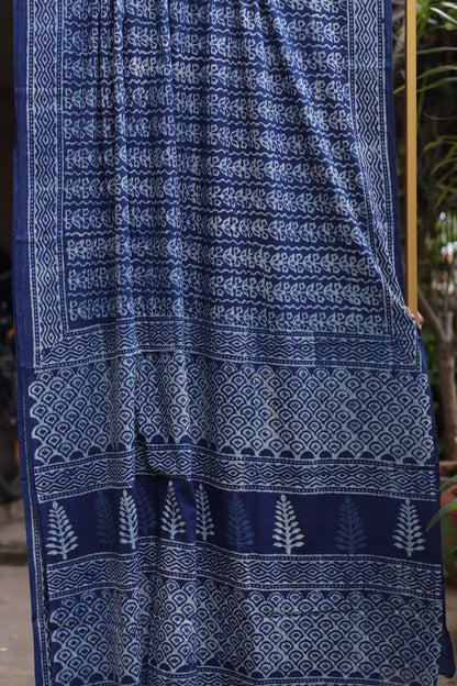 Indigo Bagru Handblock printed MulMul cotton saree