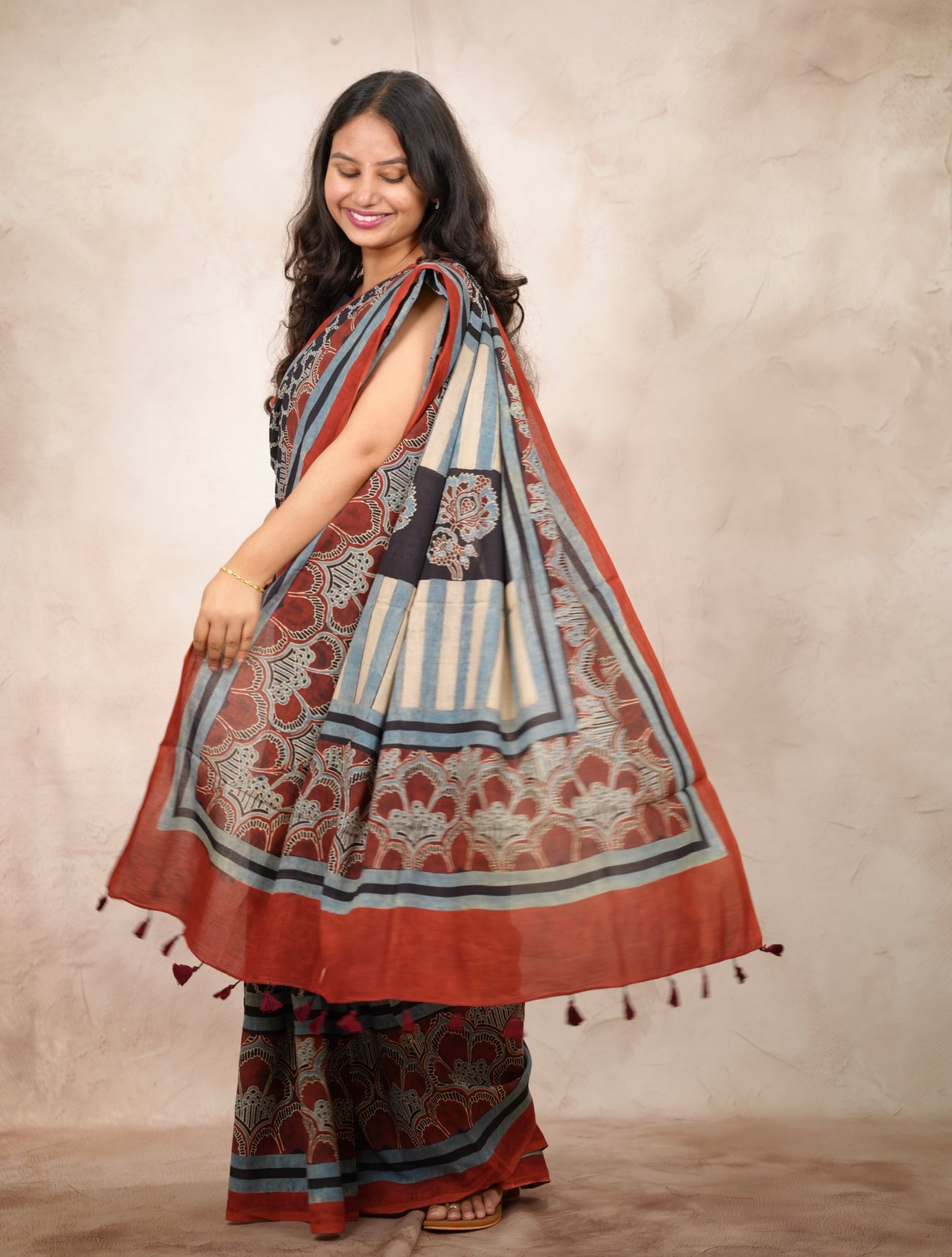 Black & Red Ajrakh Hand Block Printed Cotton Saree | Looms & Tassels