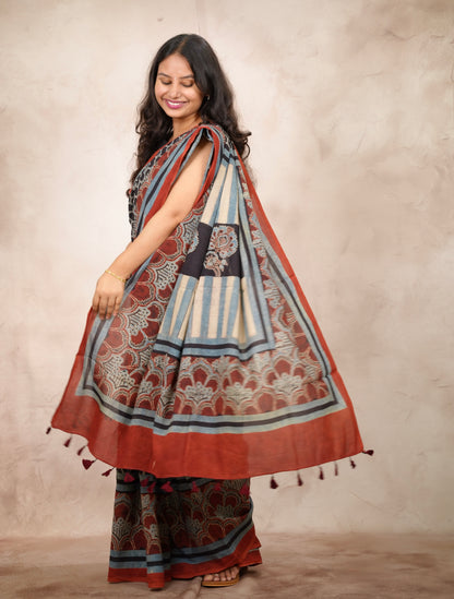 Black & Red Ajrakh Hand Block Printed Cotton Saree | Looms & Tassels