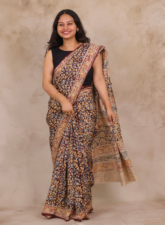 Hand Block Printed Kalamkari Chennur Silk Saree
