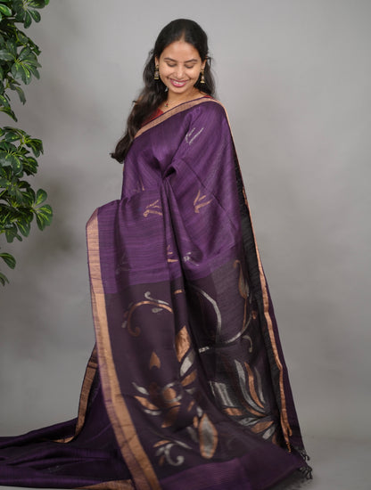 Purple  Handloom Jamdhani Pure Matka Silk Saree with Muslin Silk Pallu