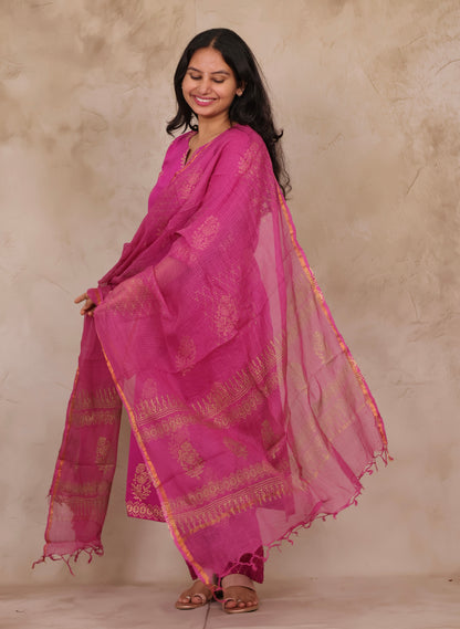 Magenta Handblock printed Pure Mul Cotton with Kota Doria Duppata 3 piece suit (stitched)