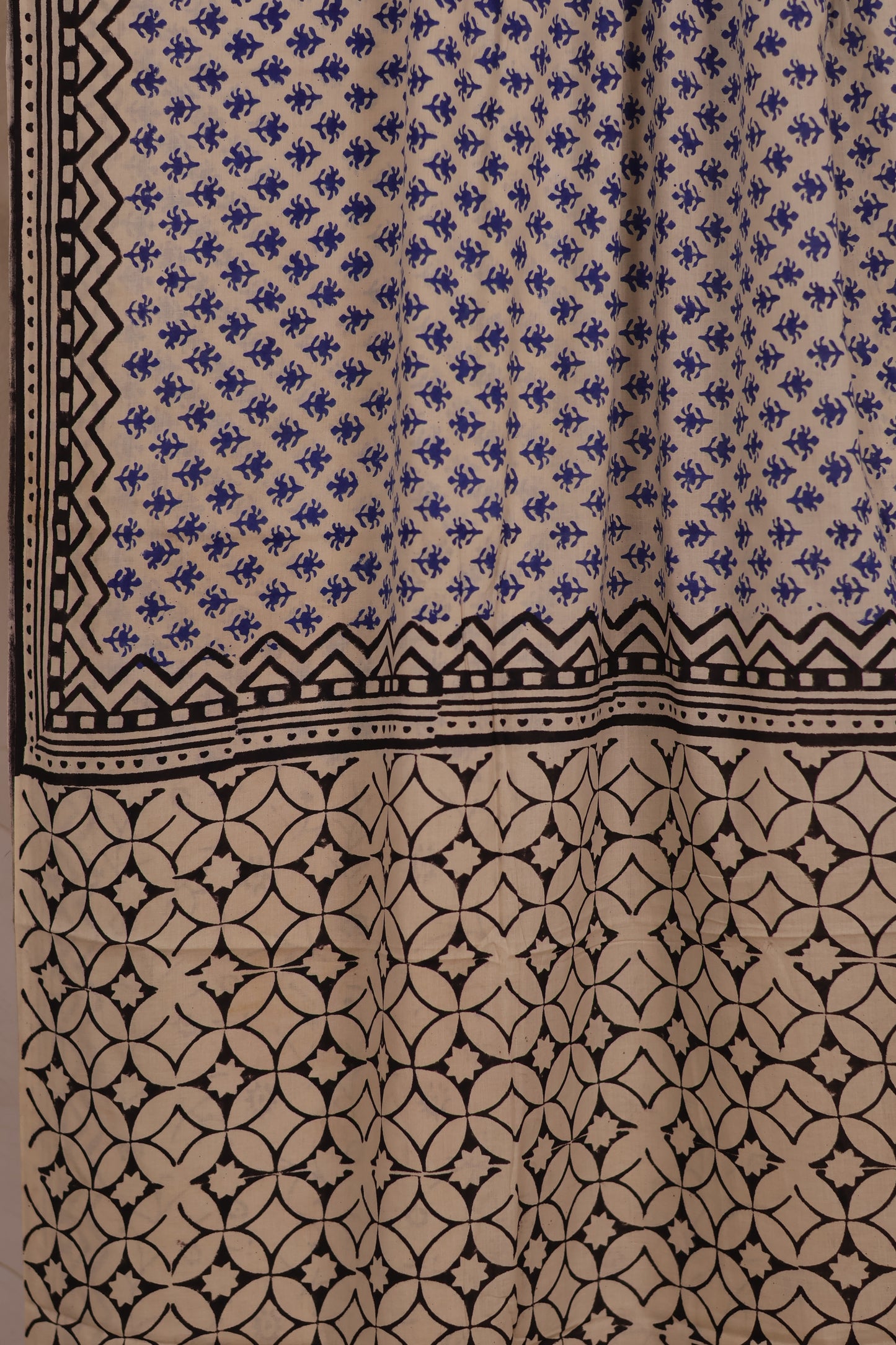 Cream & Black Bagru Handblock printed MulMul cotton saree| Looms & Tassels