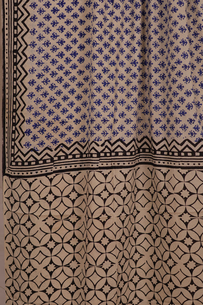 Cream & Black Bagru Handblock printed MulMul cotton saree| Looms & Tassels