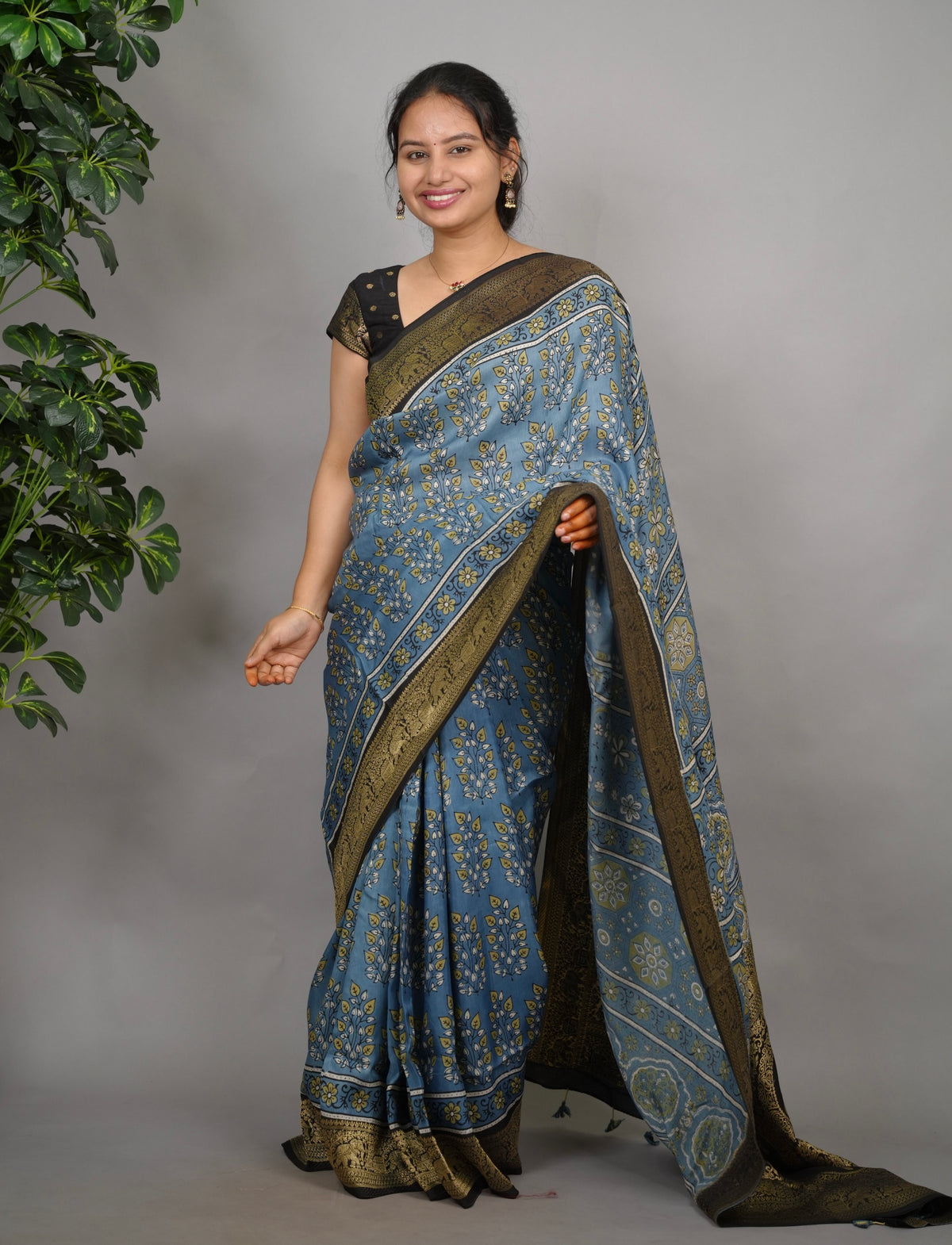 Ajrakh Dola Silk Saree - Blue | Looms & Tassels