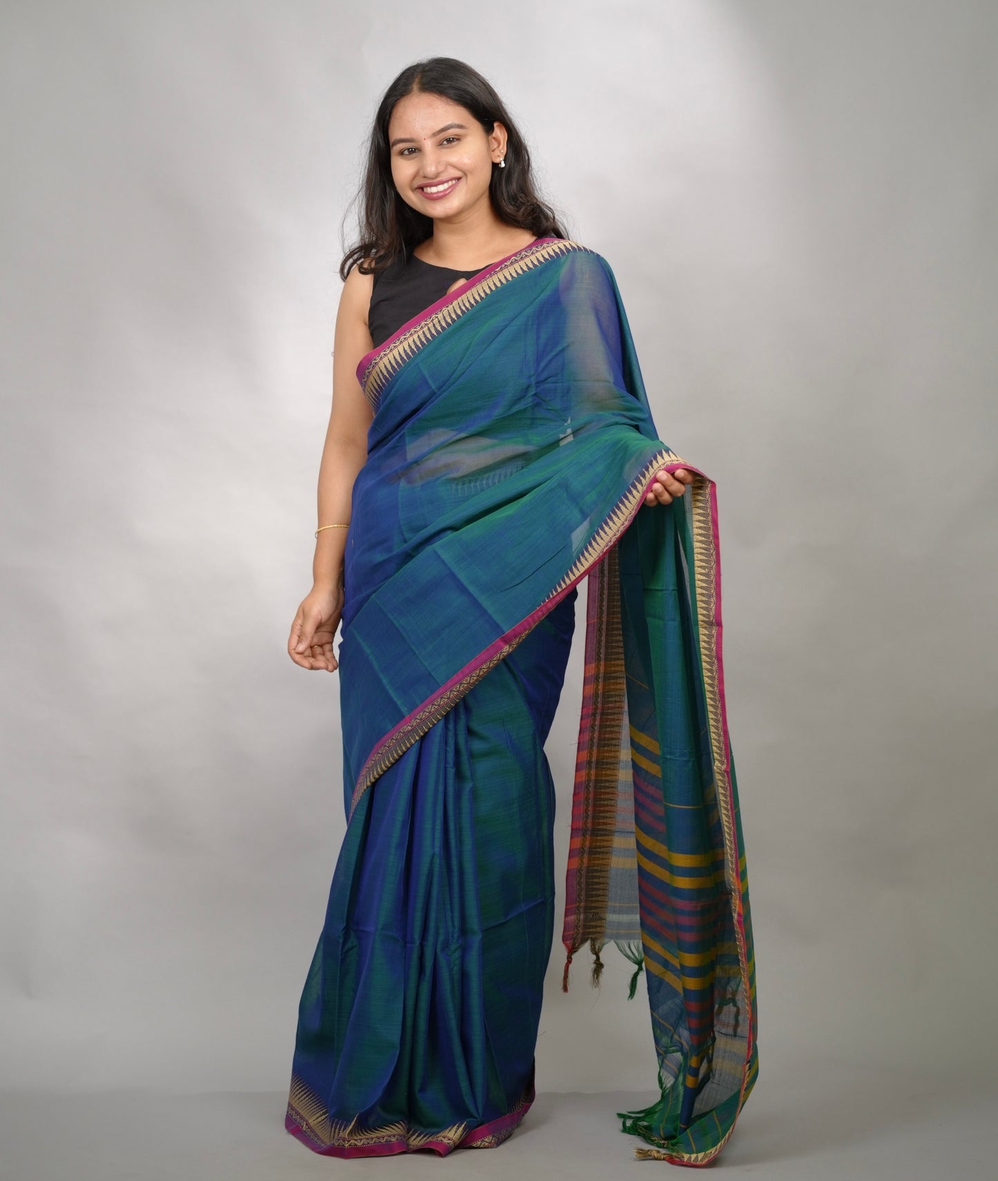Peacock Blue Narayanpet Cotton Saree With Temple Border | Looms & Tassels