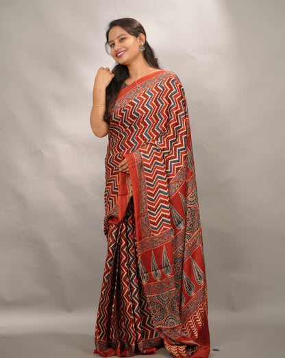 Maroon Authentic Ajrakh Handblock Printed Modal Silk Saree | Looms & Tassels