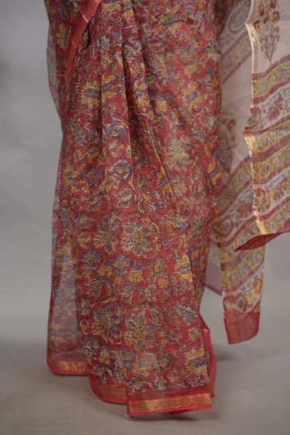 Red Floral Pure Kota Doria Saree with Bagru Handblock Prints