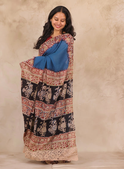 Cyan Blue Hand Block Printed Kalamkari Cotton Saree | Looms & Tassels