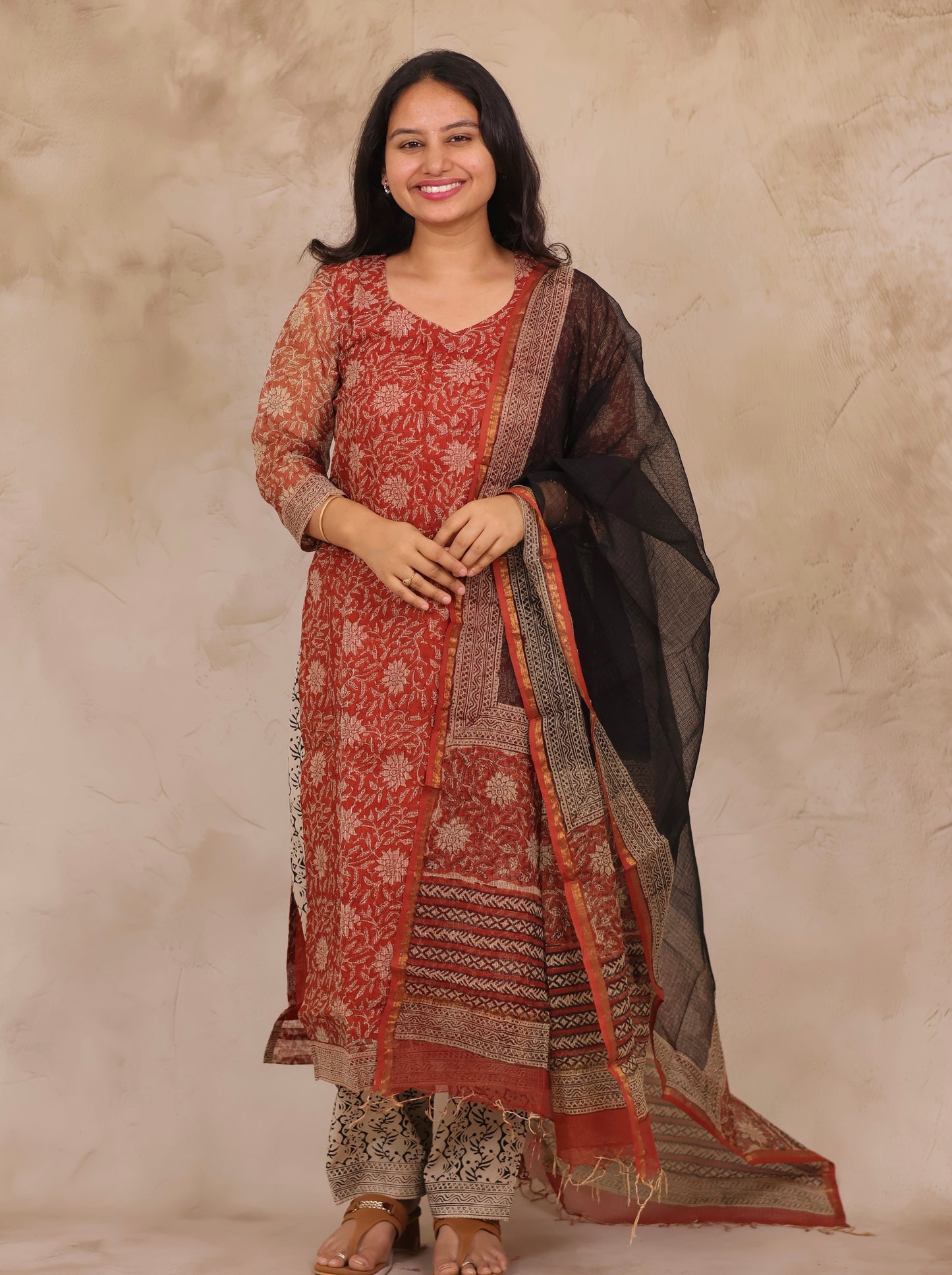 Red Handblock printed kota 3 piece suit (stitched)