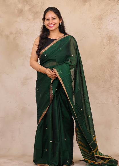 Green Narayanpet Cotton Saree With Butta Weaving | Looms & Tassels