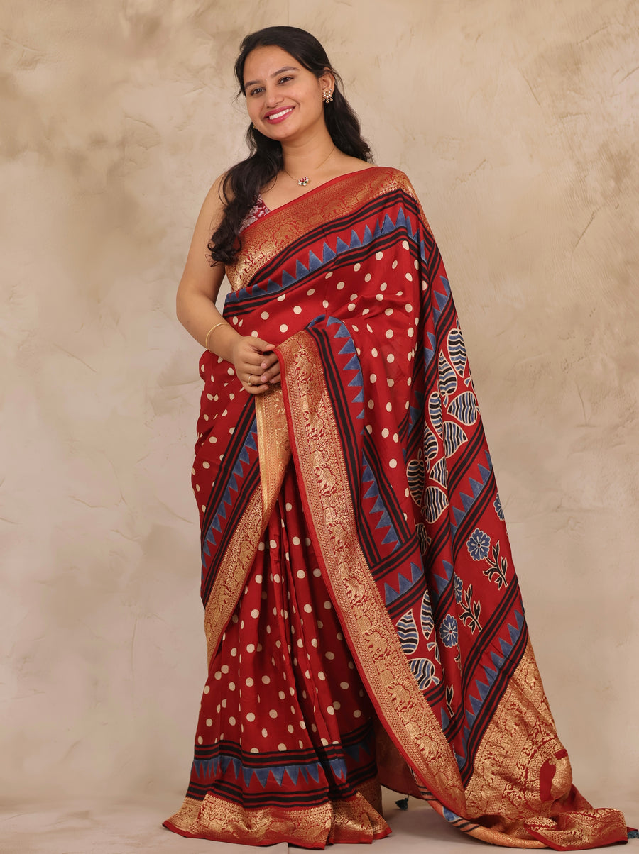 Red Ajrakh Handblock printed Dola Silk Saree | Looms & Tassels