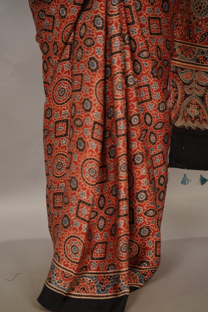 Red Authentic Ajrakh Handblock Printed Modal Silk Saree | Looms & Tassels
