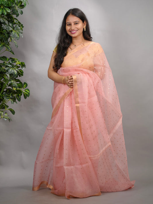 Peach Handwoven Muslin Silk Saree With Sequence Work | Looms & Tassels