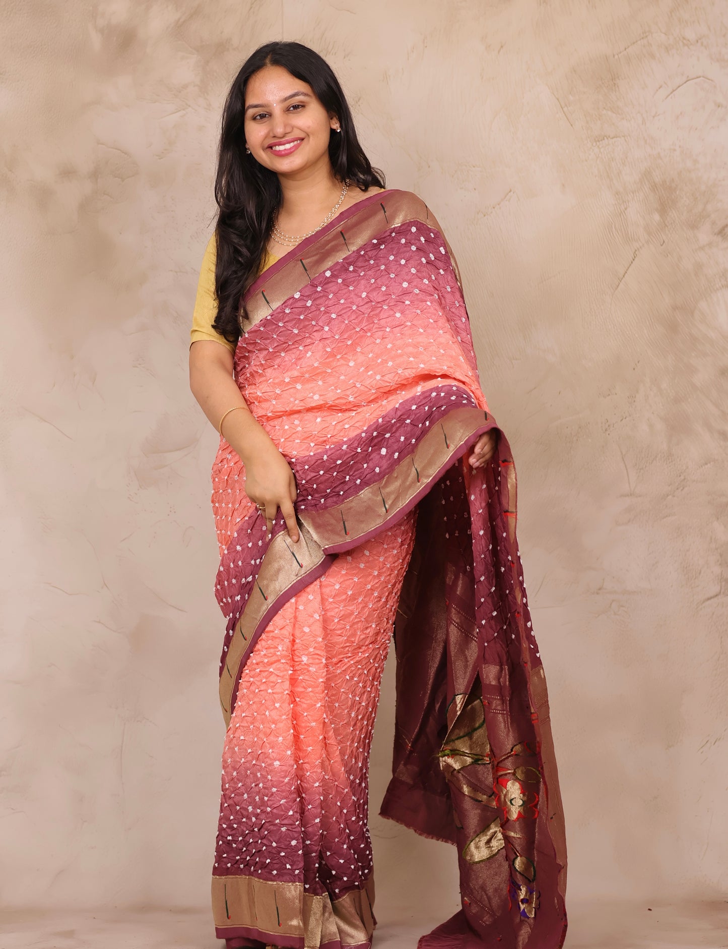 Peach & Wine Handcrafted Bandhani Paithani Dola Silk Saree | Looms & Tassels