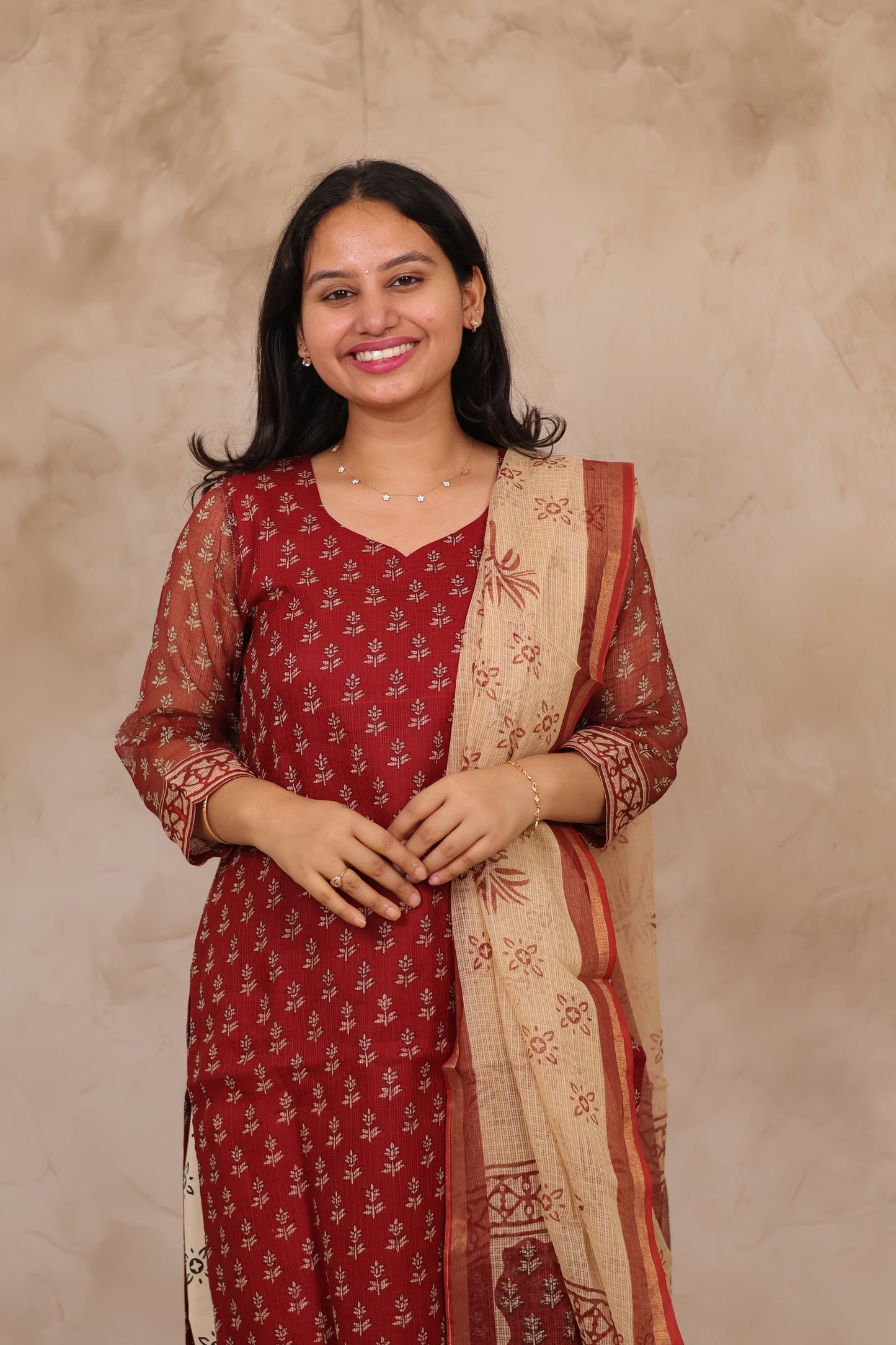 Maroon Handblock printed kota 3 piece suit (stitched)