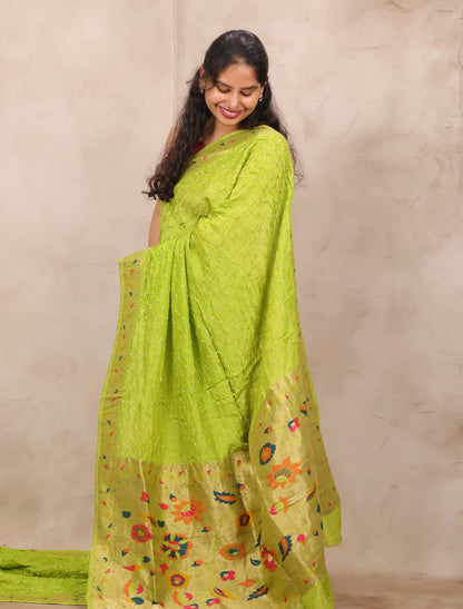 Lemon Green Handcrafted Bandhani Paithani Dola Silk Saree | Looms & Tassels