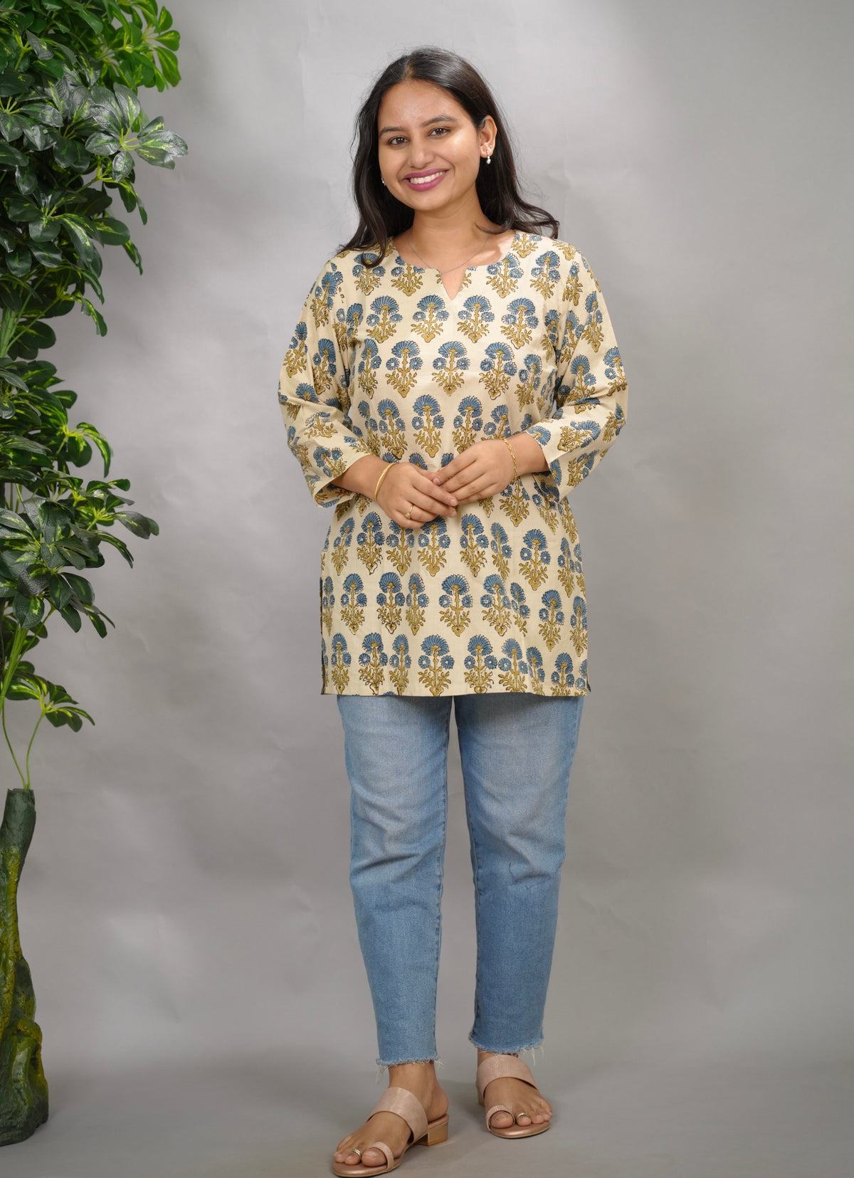 Cream Ajrakh Hand Block Printed Short Top