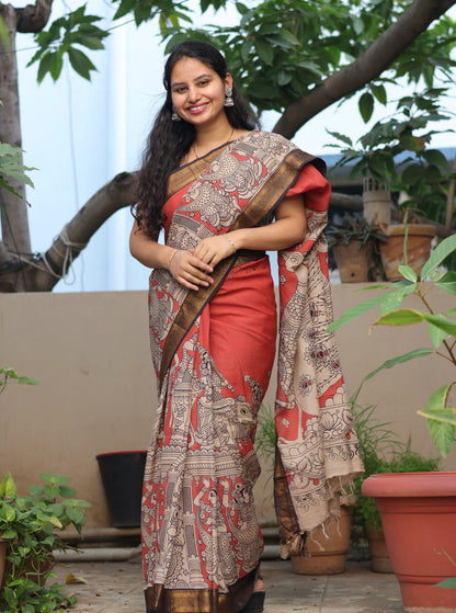 Rust Traditional Folks Kalamkari Silk Handcrafted Nizam Border Saree